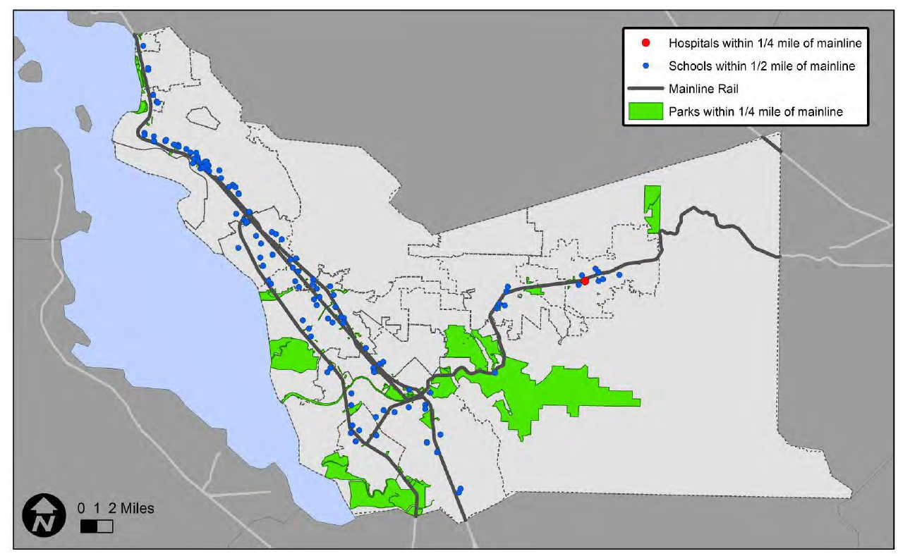A map of schools, hospitals, and parks within a quarter mile of mainline rail in Alameda County. 