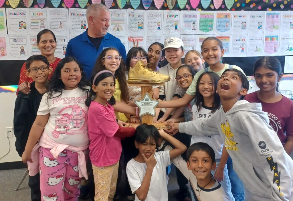 Students from Parkmont Elementary celebrating the Golden Sneaker Contest in 2025